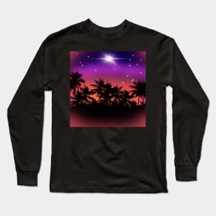 Midnight Purple Sky with Glowing Stars and Palm Trees Landscape Long Sleeve T-Shirt